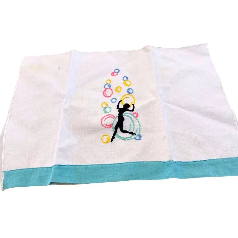 VTG Hand Embroidery‎ Guest Towel Circus Juggler Silhouette Aqua Trim Mid Century